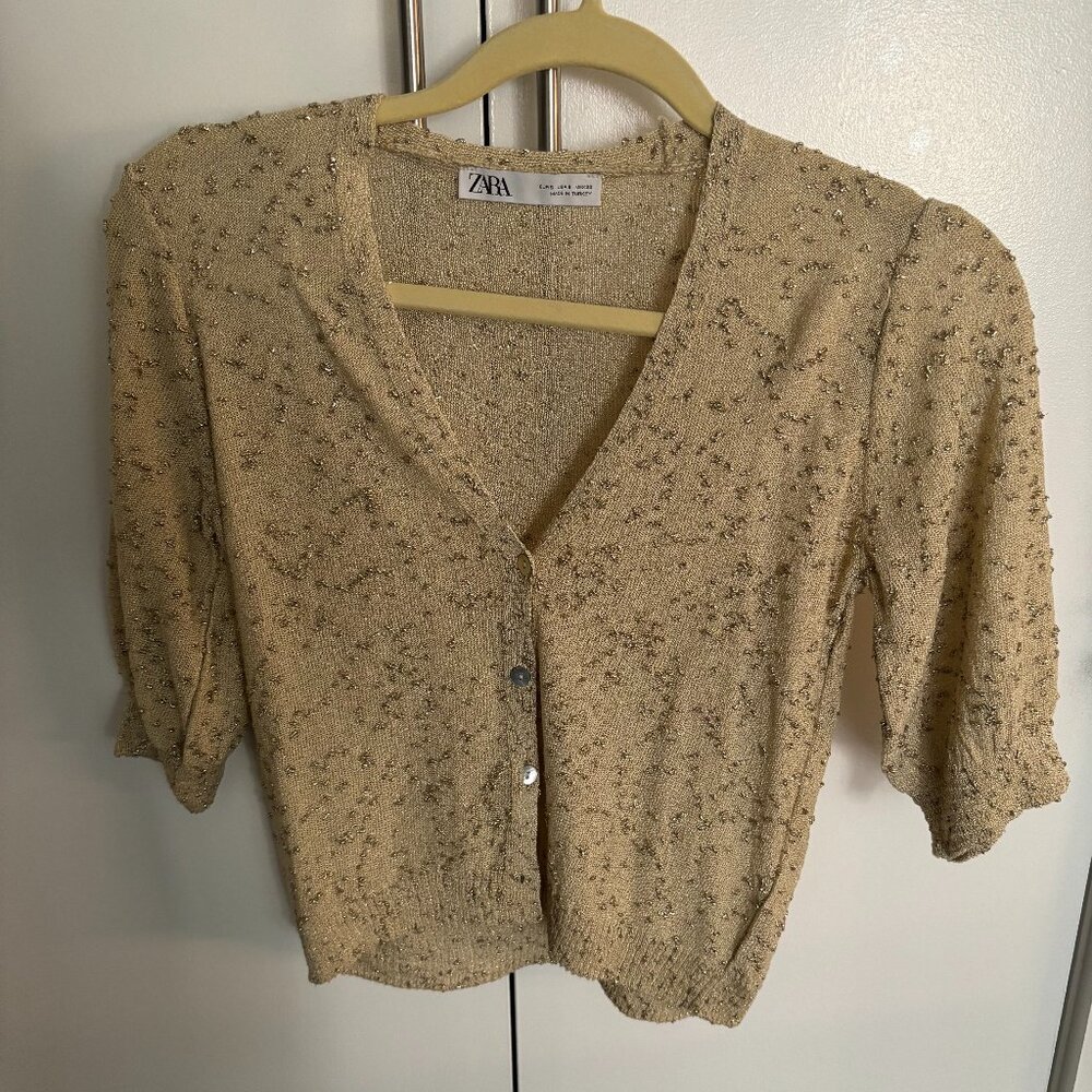 Zara Puff Crop Sleeve Gold Cardigan - Small